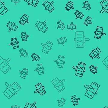 Black line Fire exit icon isolated seamless pattern on green background. Fire Stockillustratie