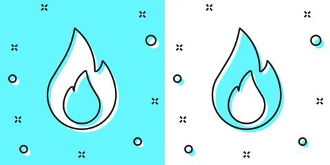 Black line Fire flame icon isolated on green and white background. Random Stock Illustration