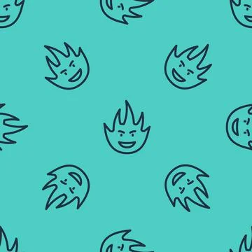 Black line Fire flame icon isolated seamless pattern on green background. Vector Stock Illustration