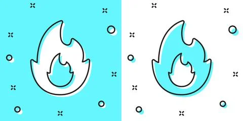 Black line Fire flame icon isolated on green and white background. Random Stock Illustration