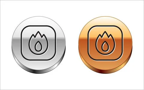 Black line Fire flame icon isolated on white background. Silver-gold circle.. Stock Illustration
