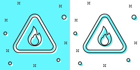 Black line Fire flame in triangle icon isolated on green and white background Stock Illustration