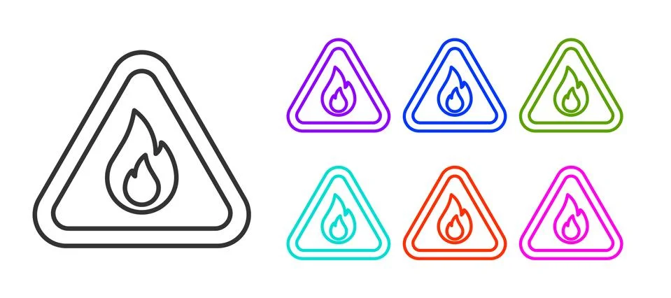 Black line Fire flame in triangle icon isolated on white background. Warning Stock Illustration