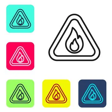 Black line Fire flame in triangle icon isolated on white background. Warning  Illustrazione stock