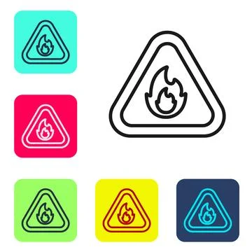 Black line Fire flame in triangle icon isolated on white background. Warnin.. Stock Illustration