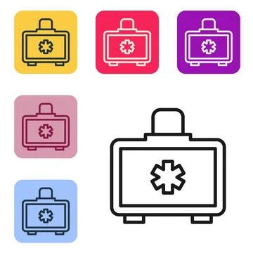 Black line First aid kit icon isolated on white background. Medical box with  Stock Illustration