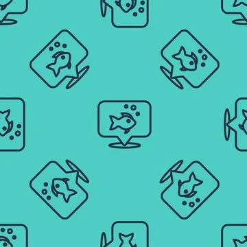 Black line Fish icon isolated seamless pattern on green background.  Vector Illustrazione stock