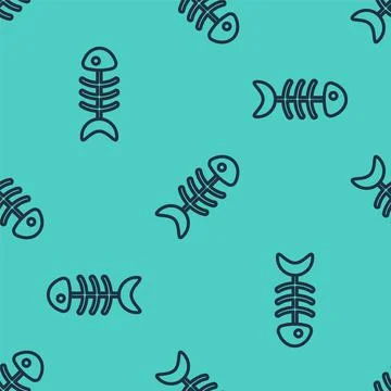 Black line Fish skeleton icon isolated seamless pattern on green background Illustrazione stock
