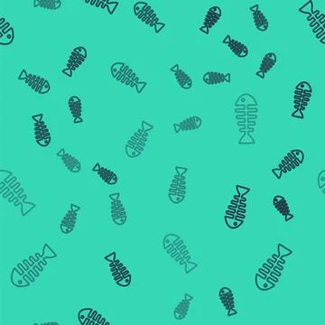 Black line Fish skeleton icon isolated seamless pattern on green background.. Illustrazione stock