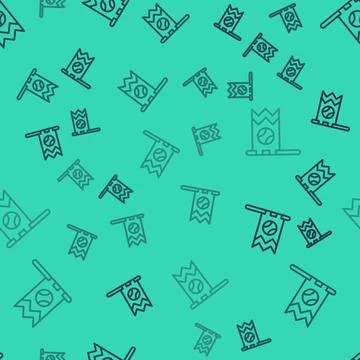 Black line Flag with baseball ball icon isolated seamless pattern on green Stock Illustration