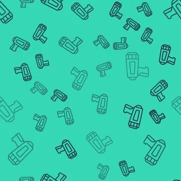 Black line Flashlight for diver icon isolated seamless pattern on green Stock Illustration
