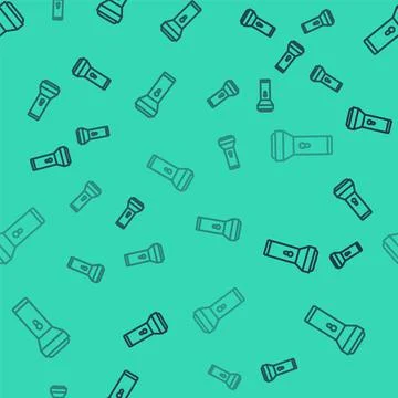 Black line Flashlight icon isolated seamless pattern on green background. Vector Stock Illustration