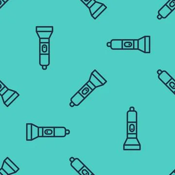 Black line Flashlight icon isolated seamless pattern on green background. Vector Stock Illustration