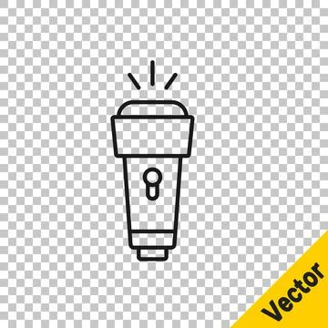 Black line Flashlight icon isolated on transparent background. Vector Illustrazione stock