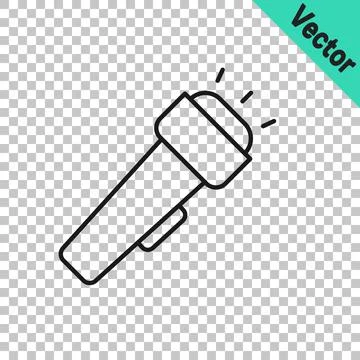 Black line Flashlight icon isolated on transparent background. Vector Stock Illustration
