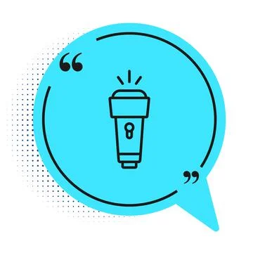 Black line Flashlight icon isolated on white background. Blue speech bubble s Illustration