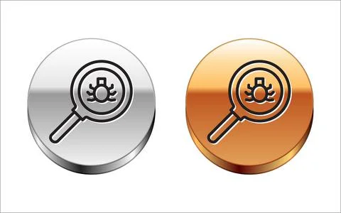 Black line Flea search icon isolated on white background. Silver-gold circle Stock Illustration