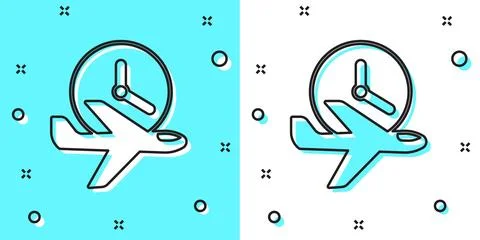 Black line Flight time icon isolated on green and white background. Random 스톡 일러스트