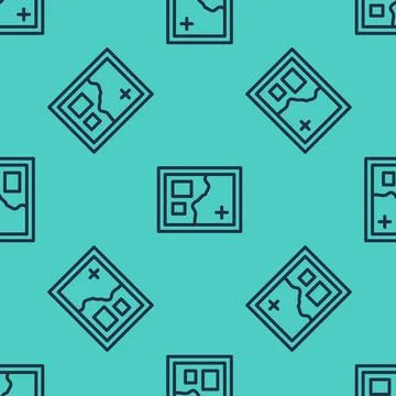 Black line Folded map icon isolated seamless pattern on green background. Vector Illustrazione stock