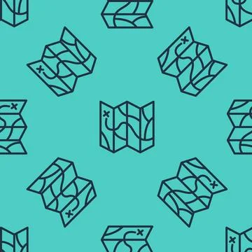 Black line Folded map icon isolated seamless pattern on green background.  .. Stock Illustration
