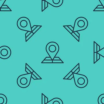 Black line Folded map with location marker icon isolated seamless pattern on 스톡 일러스트