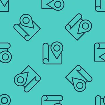 Black line Folded map with location marker icon isolated seamless pattern o.. Stock Illustration