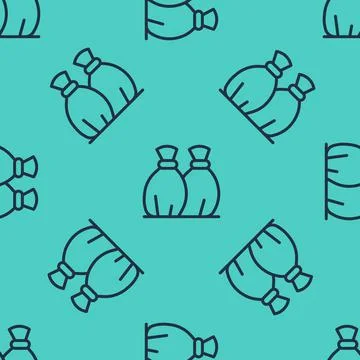 Black line Garbage bag icon isolated seamless pattern on green background Stock Illustration