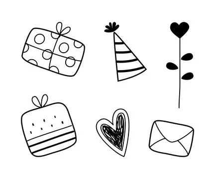 Black Line Gift Box, Cap, Heart and Envelope as Birthday Symbol Vector Set Stock Illustration