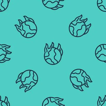 Black line Global warming fire icon isolated seamless pattern on green Stockillustratie