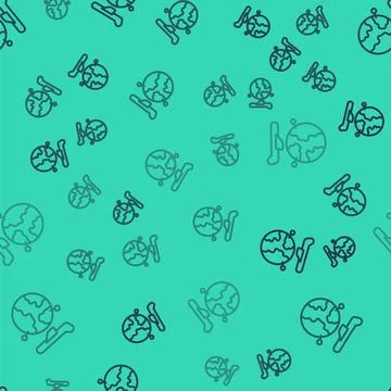 Black line Globe with flying plane icon isolated seamless pattern on green .. Illustrazione stock