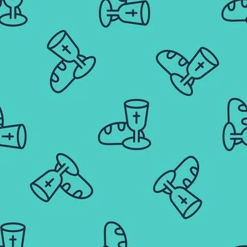 Black line Goblet and bread icon isolated seamless pattern on green backgroun 스톡 일러스트