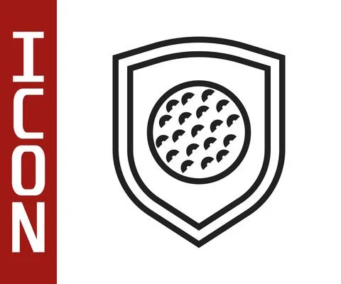 Black line Golf ball with shield icon isolated on white background. Vector Stock Illustration