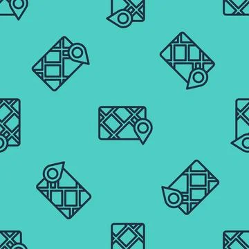 Black line Gps device with map icon isolated seamless pattern on green Illustrazione stock
