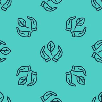 Black line Hand hold a leaf of the plant icon isolated seamless pattern on green Illustrazione stock