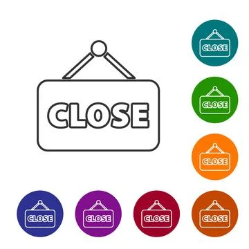 Black line Hanging sign with text Closed icon isolated on white background... Illustrazione stock