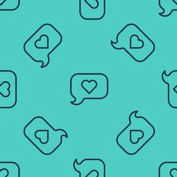 Black line Heart in speech bubble icon isolated seamless pattern on green b.. 스톡 일러스트