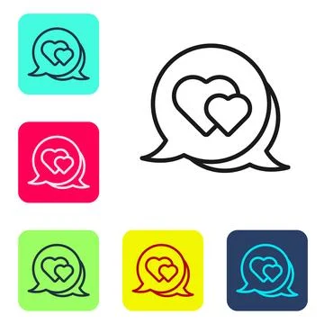 Black line Heart in speech bubble icon isolated on white background. Happy .. Stock Illustration
