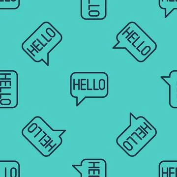 Black line Hello in different languages icon isolated seamless pattern on green Stock Illustration