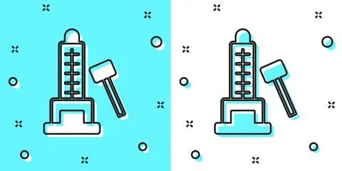 Black line High striker attraction with big hammer icon isolated on green and Stock Illustration