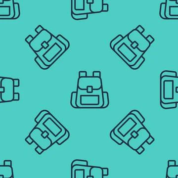 Black line Hiking backpack icon isolated seamless pattern on green background 库存插图