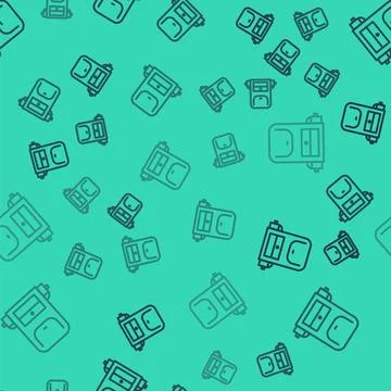 Black line Hiking backpack icon isolated seamless pattern on green backgrou.. Illustrazione stock