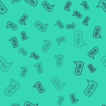 Black line Hola in different languages icon isolated seamless pattern on gr.. Stock Illustration