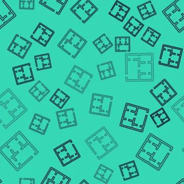 Black line House plan icon isolated seamless pattern on green background. Vector Stock Illustration