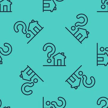 Black line House with question mark icon isolated seamless pattern on green Stock Illustration