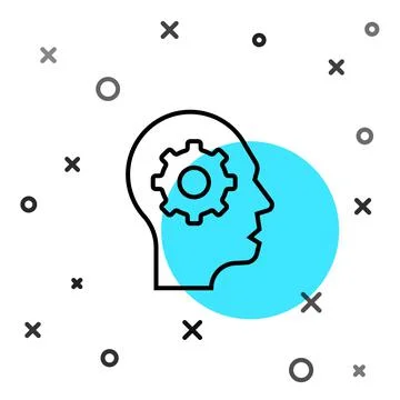 Black line Human head with gear inside icon isolated on white background. Art Stock Illustration