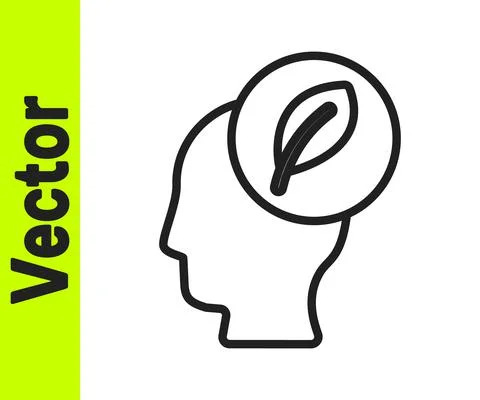 Black line Human head with leaf inside icon isolated on white background. Vector Stock Illustration