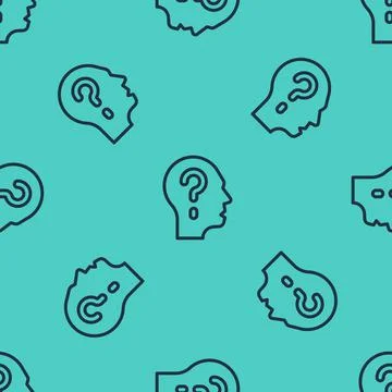 Black line Human head with question mark icon isolated seamless pattern on green Stock Illustration