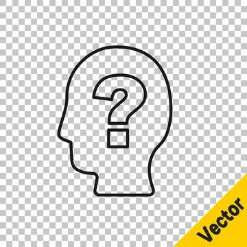 Black line Human head with question mark icon isolated on transparent backg.. Stock Illustration