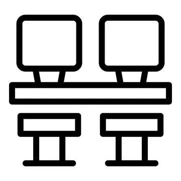 Black line icon of two computer monitors on a desk with chairs, representing Stock Illustration