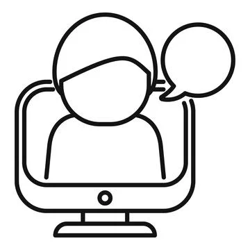 Black line icon of a virtual assistant with speech bubble on a computer screen Ilustração Stock